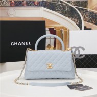 FLAP BAG WITH TOP HANDLE Grained Calfskin Light Blue Gold Metal High