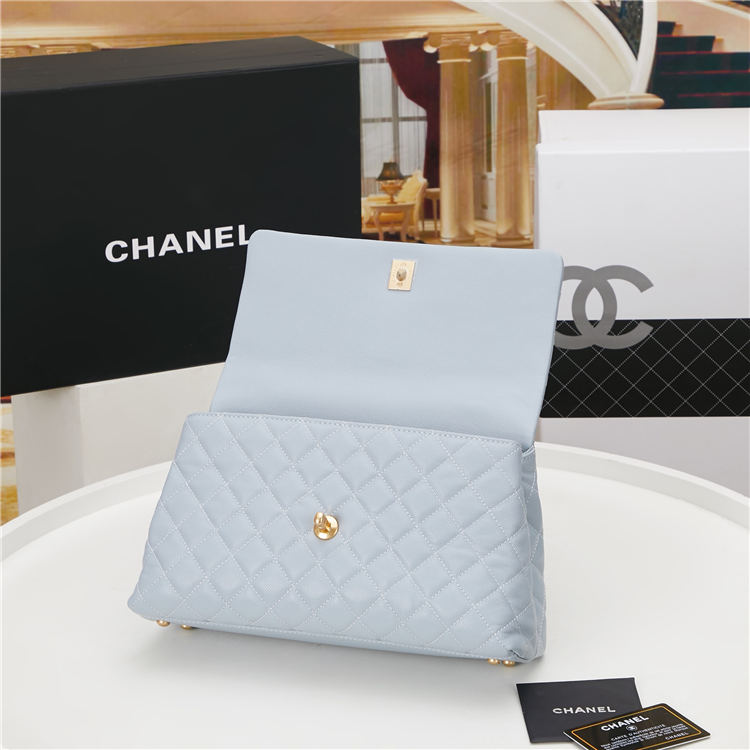 FLAP BAG WITH TOP HANDLE Grained Calfskin Gold Metal Light Blue High