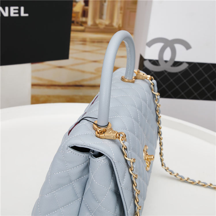 FLAP BAG WITH TOP HANDLE Grained Calfskin Gold Metal Light Blue High