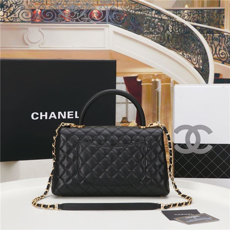 FLAP BAG WITH TOP HANDLE Grained Calfskin Gold Metal Black High