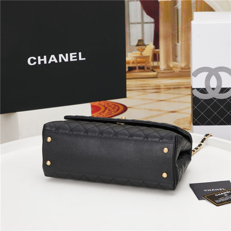 FLAP BAG WITH TOP HANDLE Grained Calfskin Gold Metal Black High