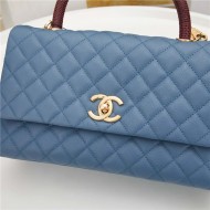 FLAP BAG WITH TOP HANDLE Grained Calfskin Blue Gold Metal High