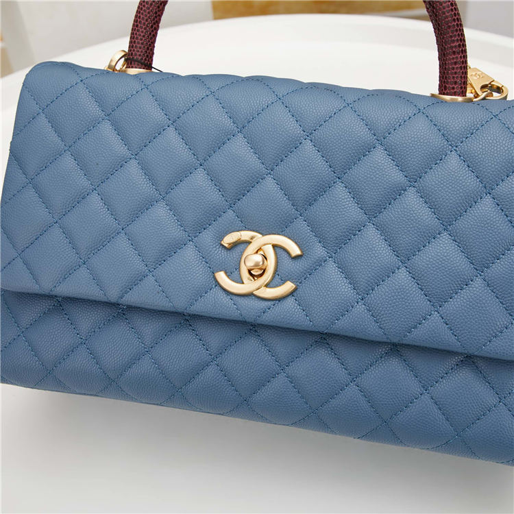 FLAP BAG WITH TOP HANDLE Grained Calfskin Gold Metal Blue High