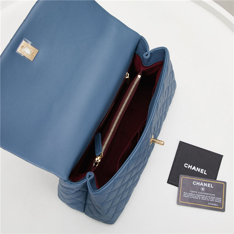 FLAP BAG WITH TOP HANDLE Grained Calfskin Gold Metal Blue High