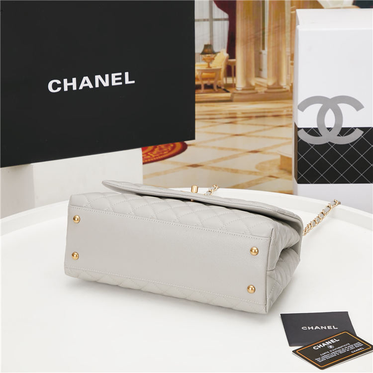 FLAP BAG WITH TOP HANDLE Grained Calfskin Grey Gold Metal High