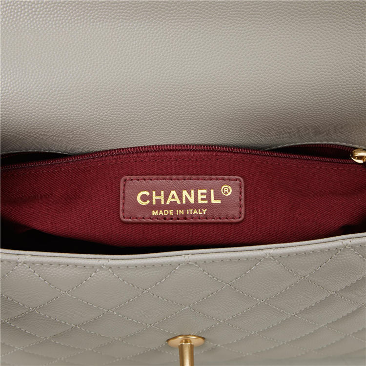 FLAP BAG WITH TOP HANDLE Grained Calfskin Gold Metal Grey High