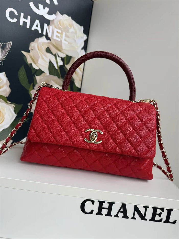 FLAP BAG WITH TOP HANDLE Grained Calfskin Gold Metal Red High