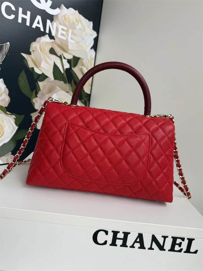 FLAP BAG WITH TOP HANDLE Grained Calfskin Gold Metal Red High