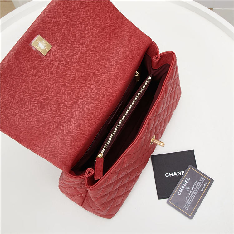 FLAP BAG WITH TOP HANDLE Grained Calfskin Gold Metal Red High