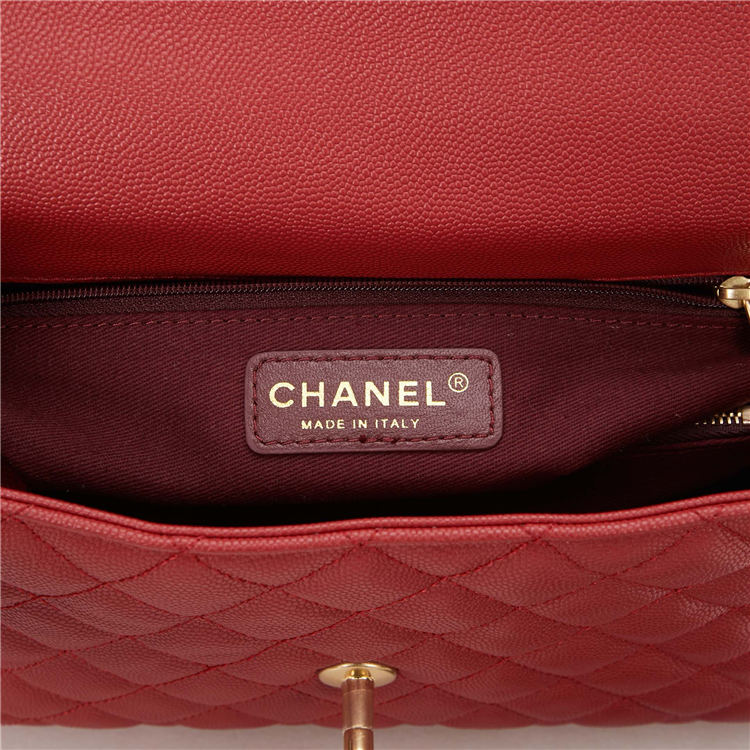 FLAP BAG WITH TOP HANDLE Grained Calfskin Gold Metal Red High