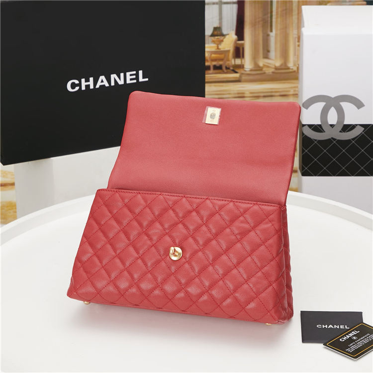 FLAP BAG WITH TOP HANDLE Grained Calfskin Gold Metal Red High