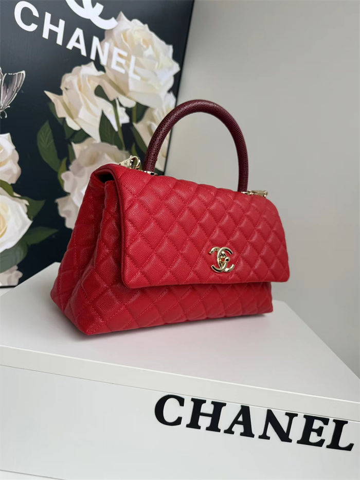 FLAP BAG WITH TOP HANDLE Grained Calfskin Gold Metal Red High