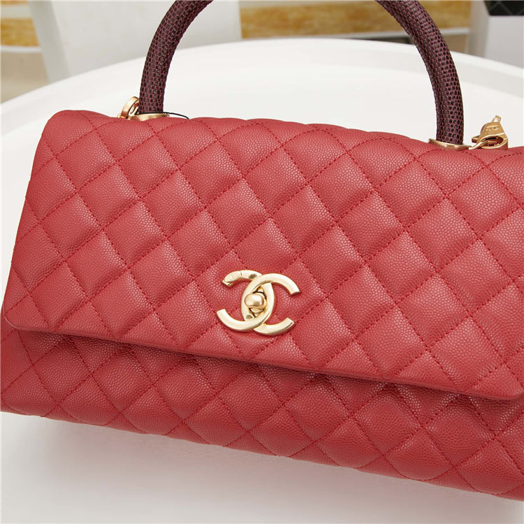 FLAP BAG WITH TOP HANDLE Grained Calfskin Gold Metal Red High