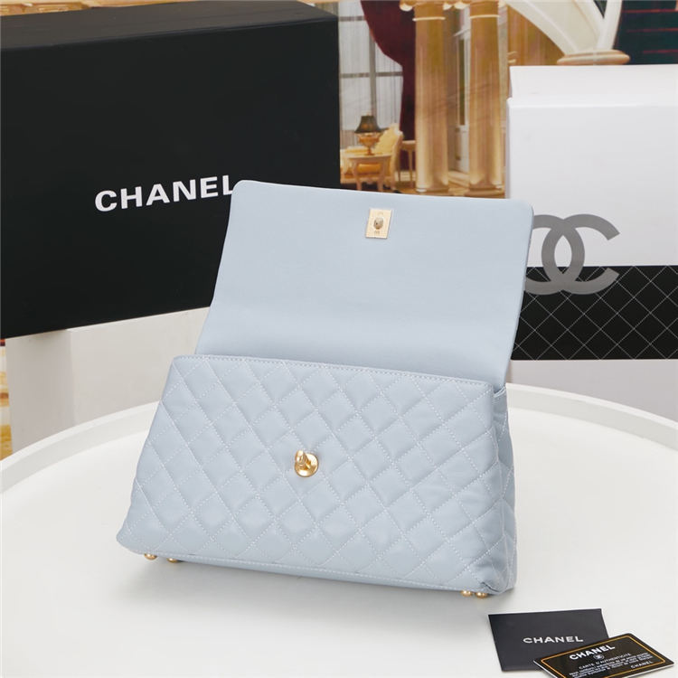 FLAP BAG WITH TOP HANDLE Grained Calfskin Light Blue Gold Metal High