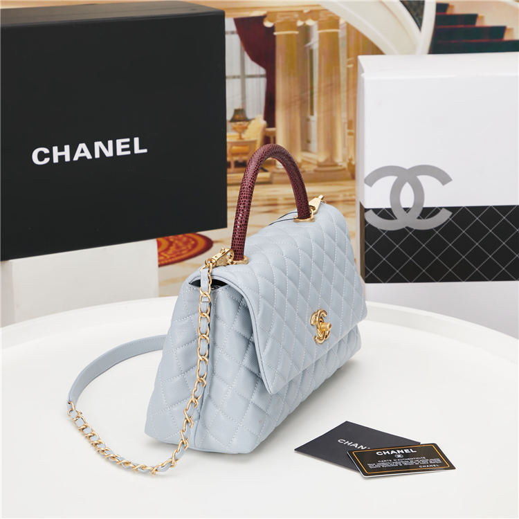 FLAP BAG WITH TOP HANDLE Grained Calfskin Gold Metal Light Blue High