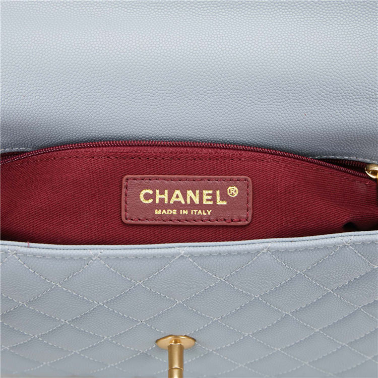 FLAP BAG WITH TOP HANDLE Grained Calfskin Gold Metal Light Blue High