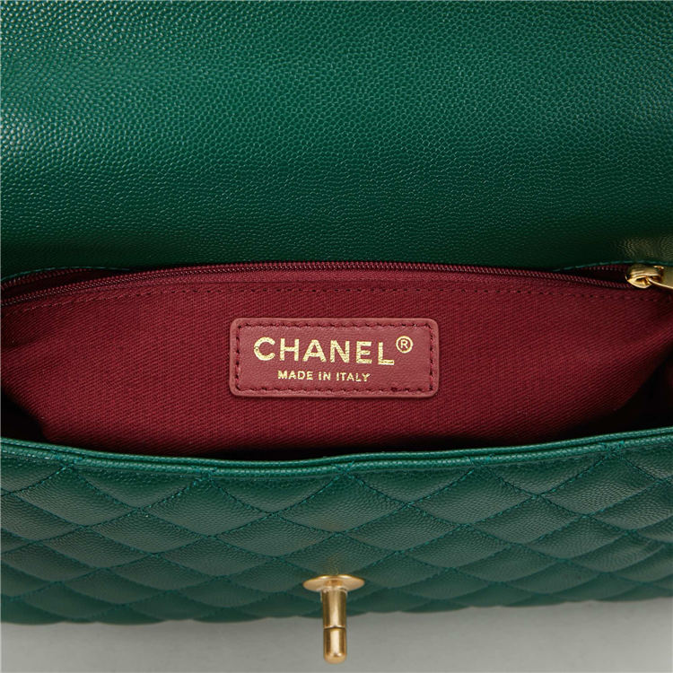 FLAP BAG WITH TOP HANDLE Grained Calfskin Green Gold Metal High