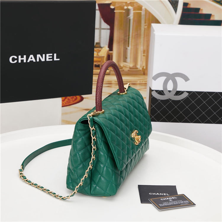 FLAP BAG WITH TOP HANDLE Grained Calfskin Gold Metal Green High