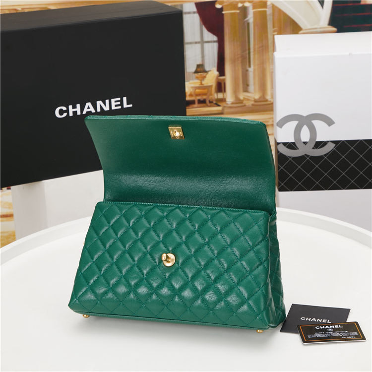 FLAP BAG WITH TOP HANDLE Grained Calfskin Gold Metal Green High