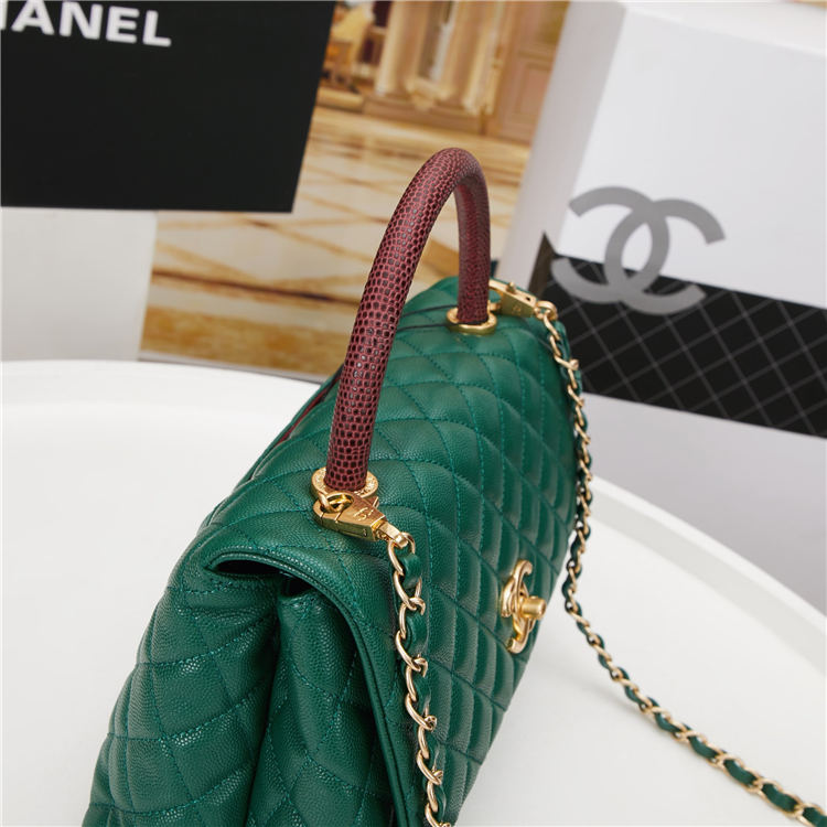 FLAP BAG WITH TOP HANDLE Grained Calfskin Gold Metal Green High