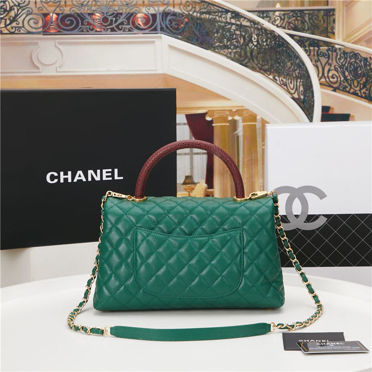 FLAP BAG WITH TOP HANDLE Grained Calfskin Gold Metal Green High