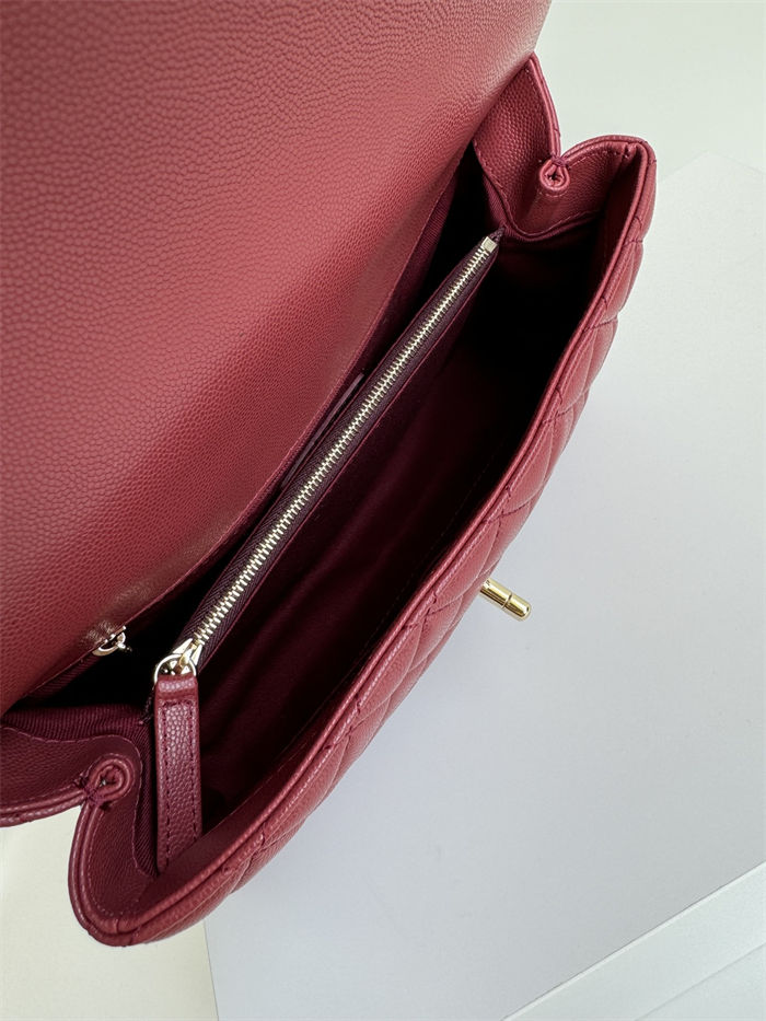 FLAP BAG WITH TOP HANDLE Grained Calfskin Burgundy Gold Metal High