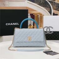 FLAP BAG WITH TOP HANDLE Grained Calfskin Gold Metal Light Blue High