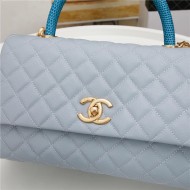 FLAP BAG WITH TOP HANDLE Grained Calfskin Gold Metal Light Blue High