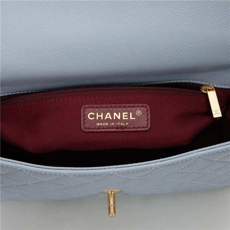 FLAP BAG WITH TOP HANDLE Grained Calfskin Light Blue Gold Metal High