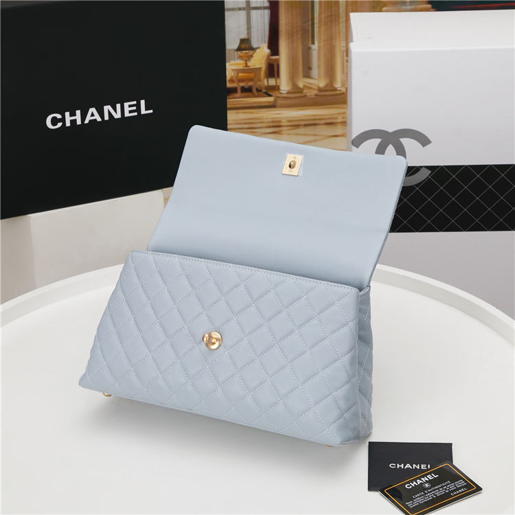 FLAP BAG WITH TOP HANDLE Grained Calfskin Light Blue Gold Metal High