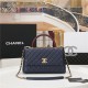 FLAP BAG WITH TOP HANDLE Grained Calfskin Gold Metal Navy High