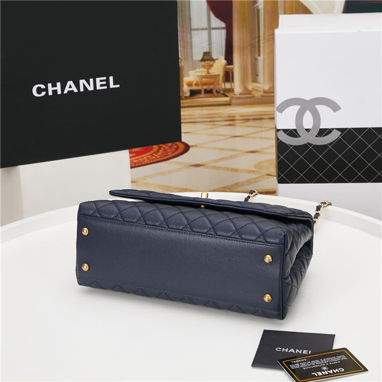 FLAP BAG WITH TOP HANDLE Grained Calfskin Gold Metal Navy High