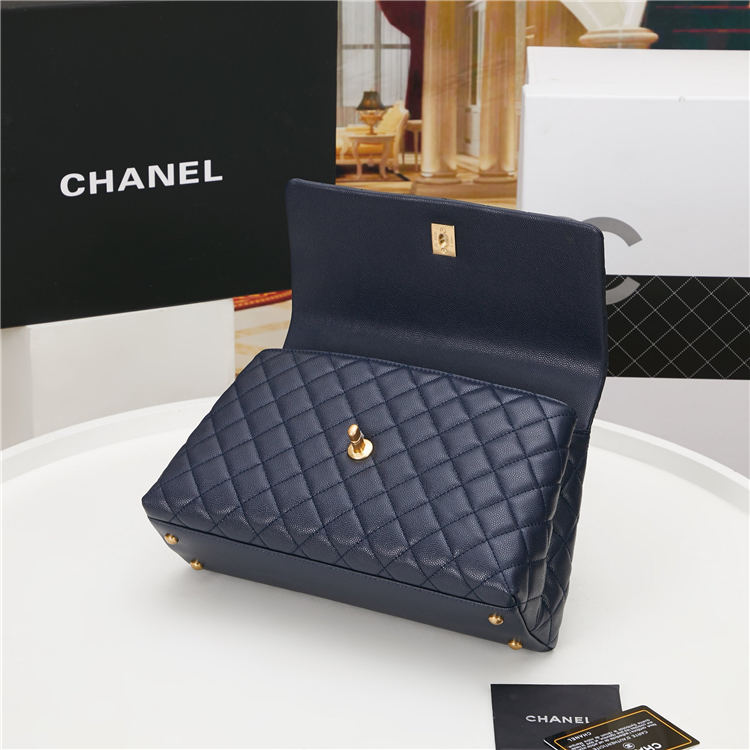 FLAP BAG WITH TOP HANDLE Grained Calfskin Gold Metal Navy High