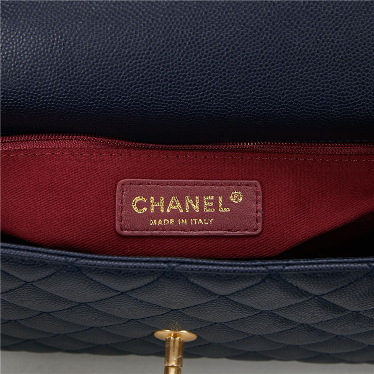 FLAP BAG WITH TOP HANDLE Grained Calfskin Gold Metal Navy High