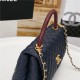 FLAP BAG WITH TOP HANDLE Grained Calfskin Gold Metal Navy High