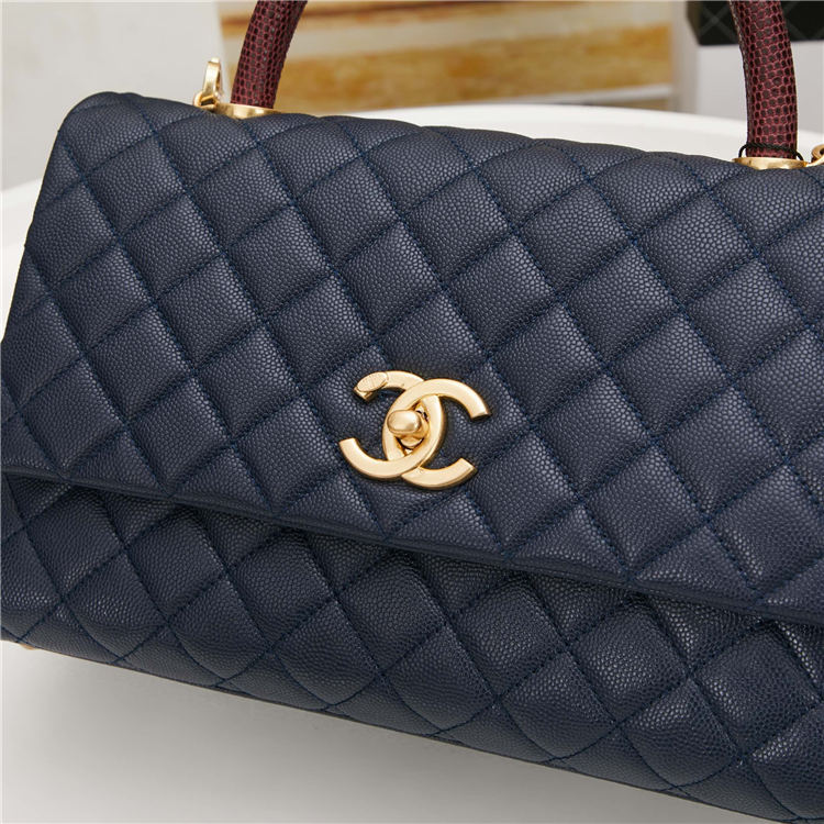 FLAP BAG WITH TOP HANDLE Grained Calfskin Gold Metal Navy High