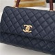 FLAP BAG WITH TOP HANDLE Grained Calfskin Gold Metal Navy High