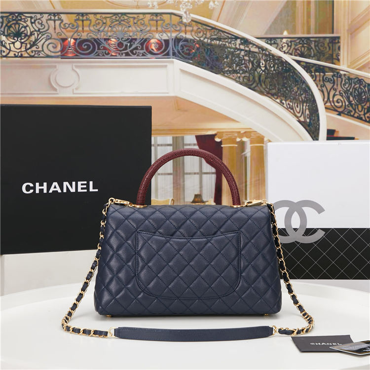 FLAP BAG WITH TOP HANDLE Grained Calfskin Gold Metal Navy High