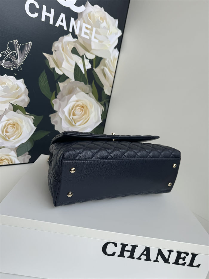 FLAP BAG WITH TOP HANDLE Grained Calfskin Navy Gold Metal High