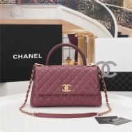 FLAP BAG WITH TOP HANDLE Grained Calfskin Gold Metal Burgundy High