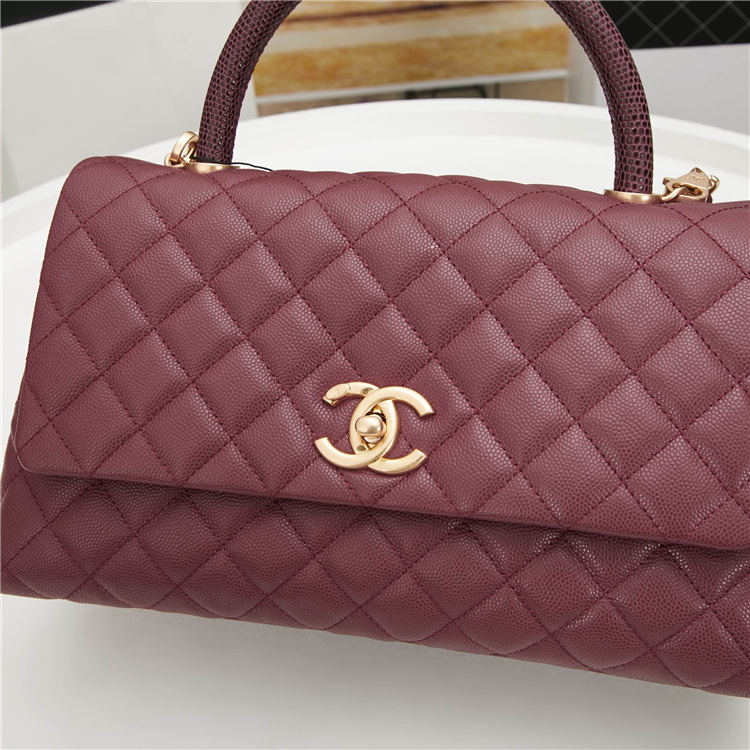 FLAP BAG WITH TOP HANDLE Grained Calfskin Gold Metal Burgundy High