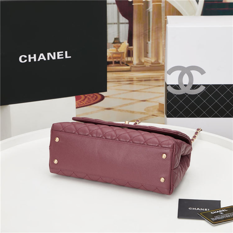 FLAP BAG WITH TOP HANDLE Grained Calfskin Gold Metal Burgundy High