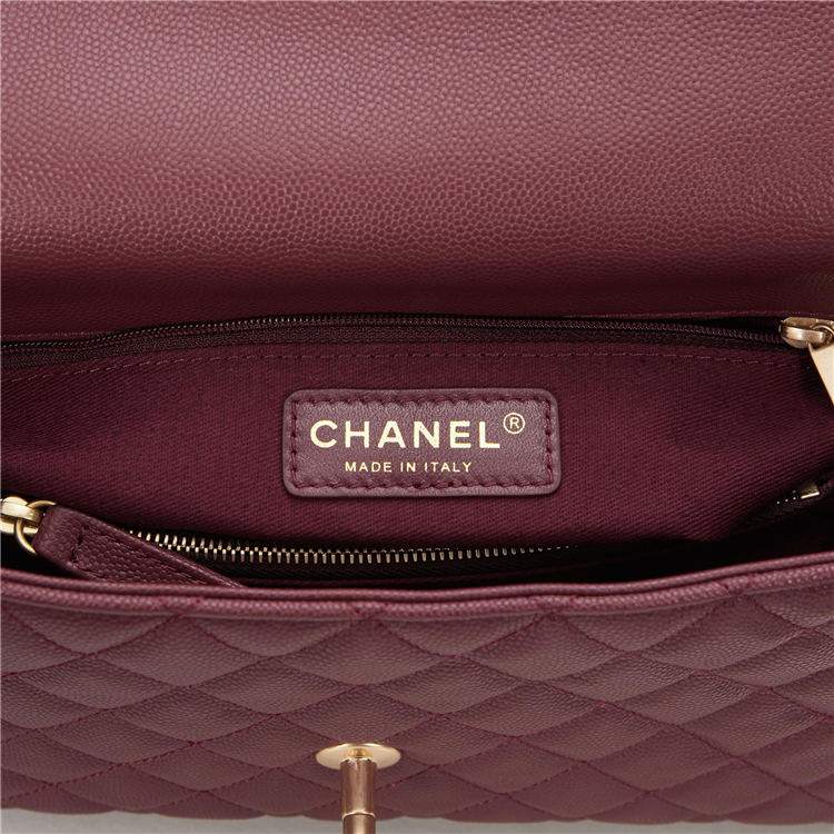 FLAP BAG WITH TOP HANDLE Grained Calfskin Gold Metal Burgundy High