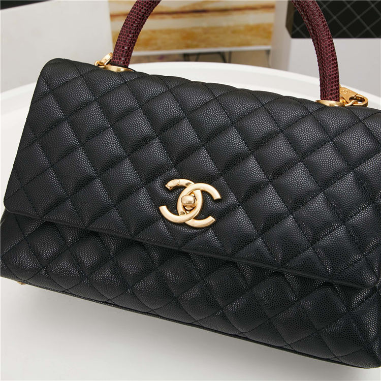 FLAP BAG WITH TOP HANDLE Grained Calfskin Gold Metal Black High