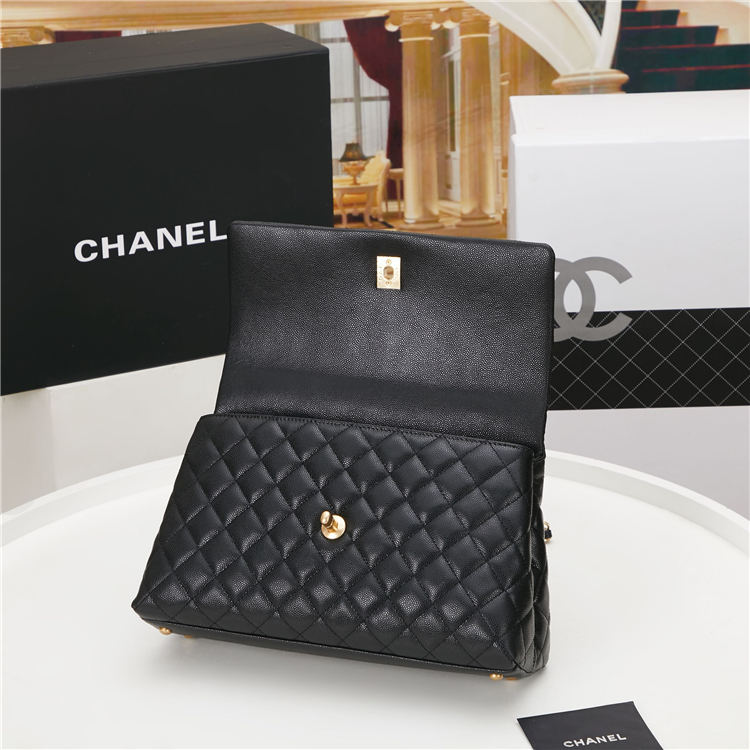 FLAP BAG WITH TOP HANDLE Grained Calfskin Black Gold Metal High