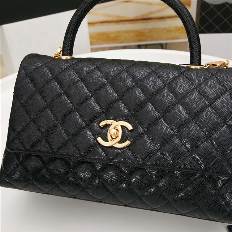 FLAP BAG WITH TOP HANDLE Grained Calfskin Gold Metal Black High