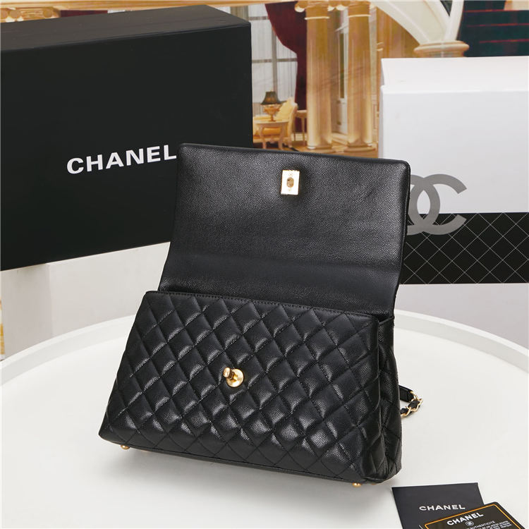 FLAP BAG WITH TOP HANDLE Grained Calfskin Black Gold Metal High