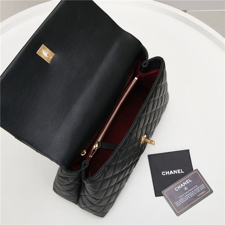 FLAP BAG WITH TOP HANDLE Grained Calfskin Black Gold Metal High