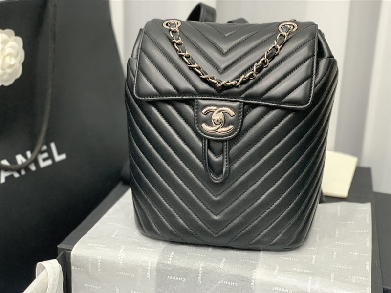 Chanel Small Backpack Chevrons Pattern Lambskin 91120 Silver-Metal Black High