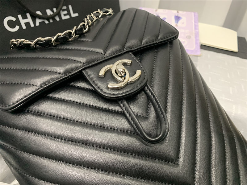 Chanel Small Backpack Chevrons Pattern Lambskin 91120 Silver-Metal Black High